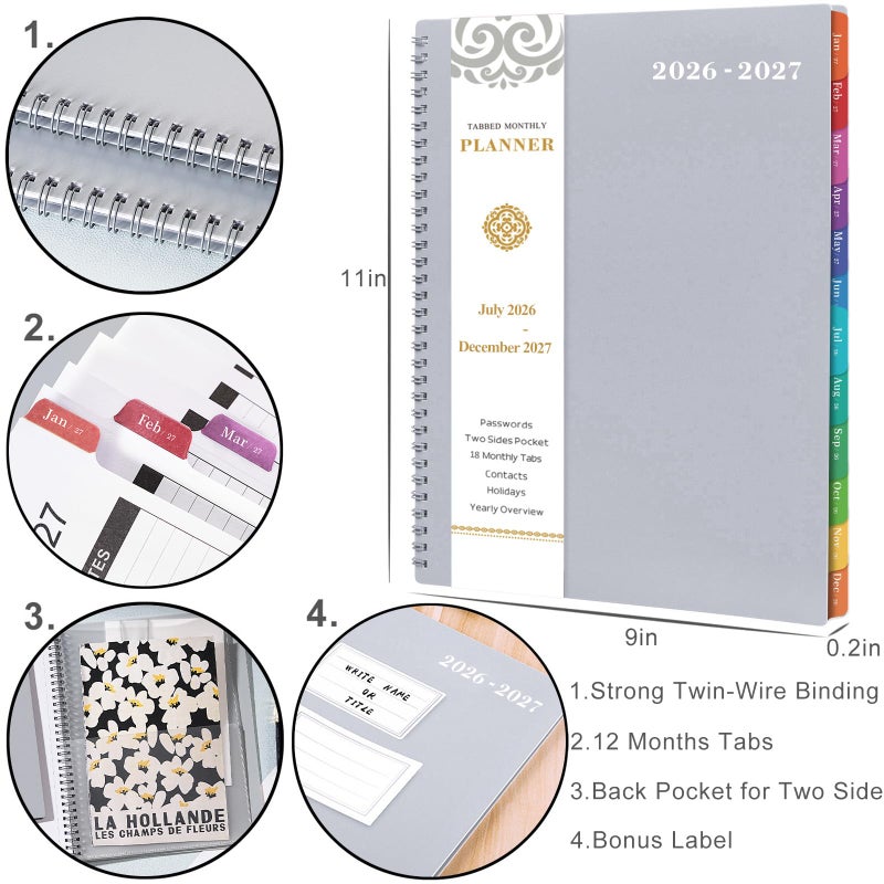 Artfan 2026-2027 Monthly Planner - 2026-2027 Planner/Calendar - JUL 2026 - DEC 2027, 18-Month Planner with Tabs & Pocket & Label, Contacts and Passwords, 9" x 11", Thick Paper, Twin-Wire Binding - Grey by Artfan - Image 5